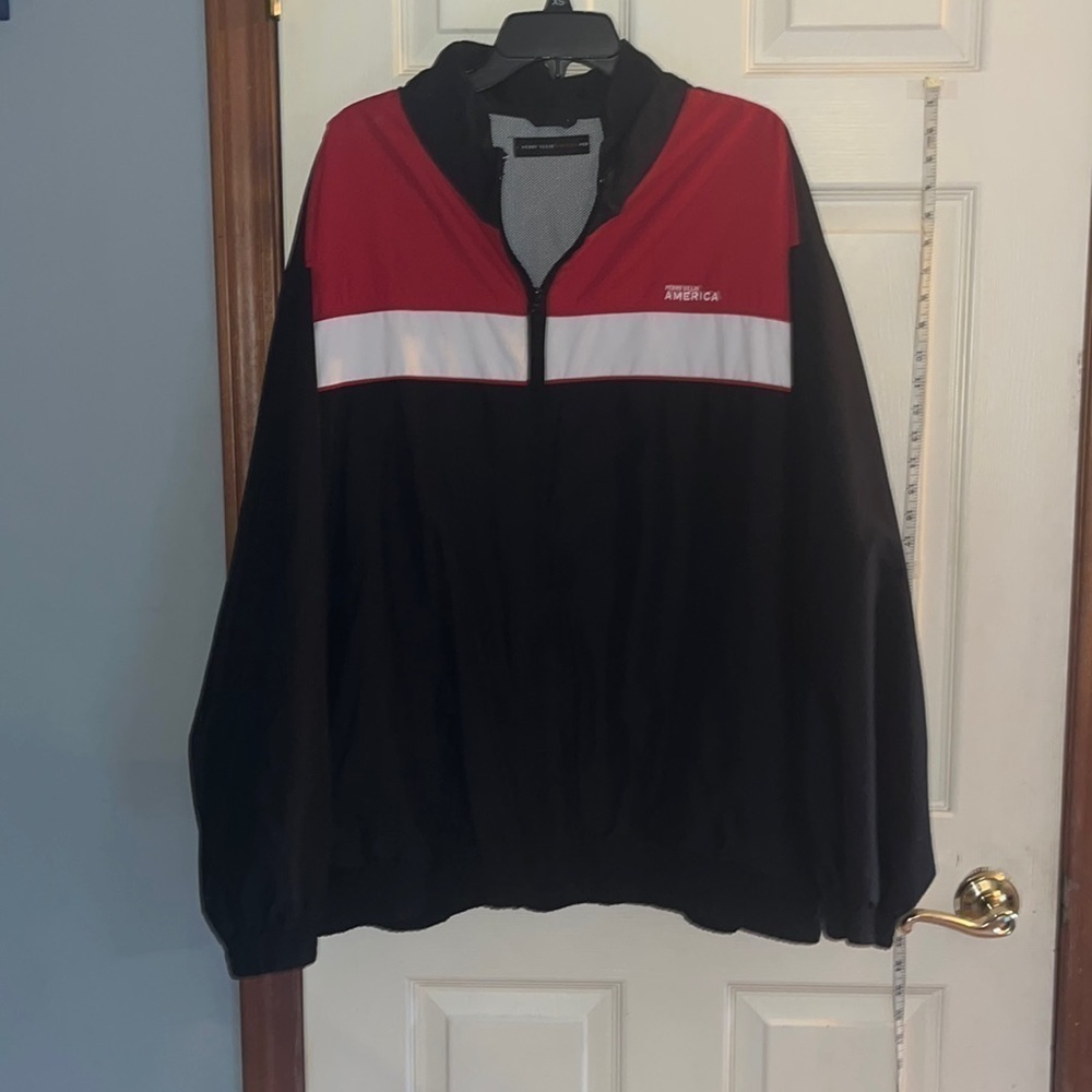 Perry Ellis America, windbreaker jacket, zip up, size 3 XL. Red, white, black.